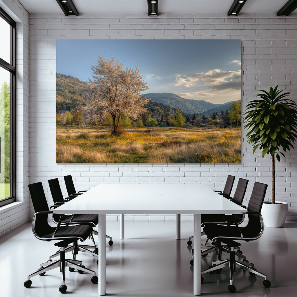 Flowering Tree In Field Surrounded By Hills And Mountains Scenes