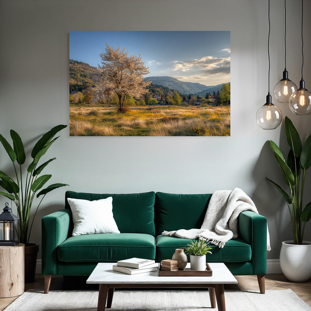 Flowering Tree In Field Surrounded By Hills And Mountains Scenes