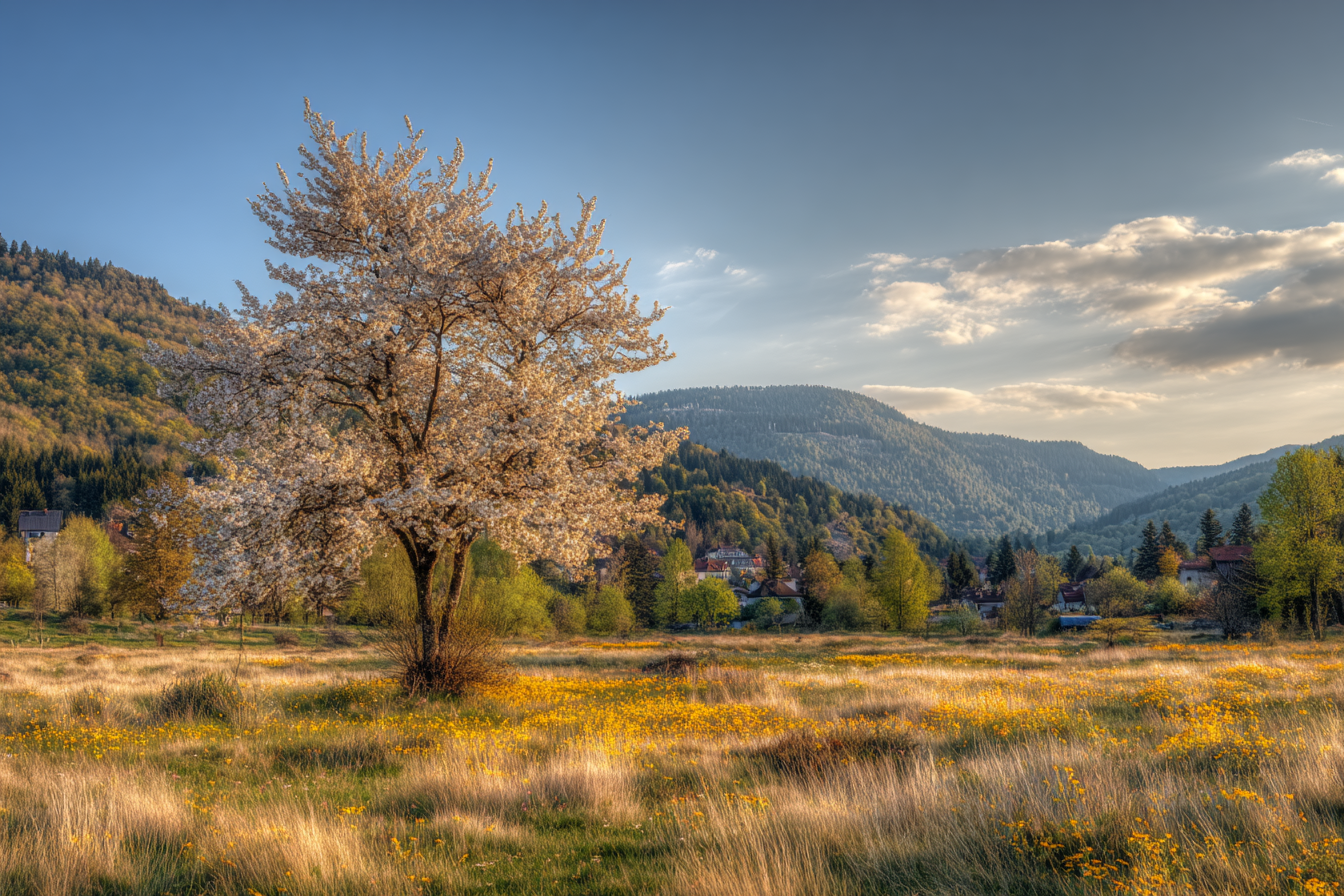 Blühender Baum Im Feld Umgeben Von Hügeln Und Bergen Szenen | Fruehling | Jahreszeiten