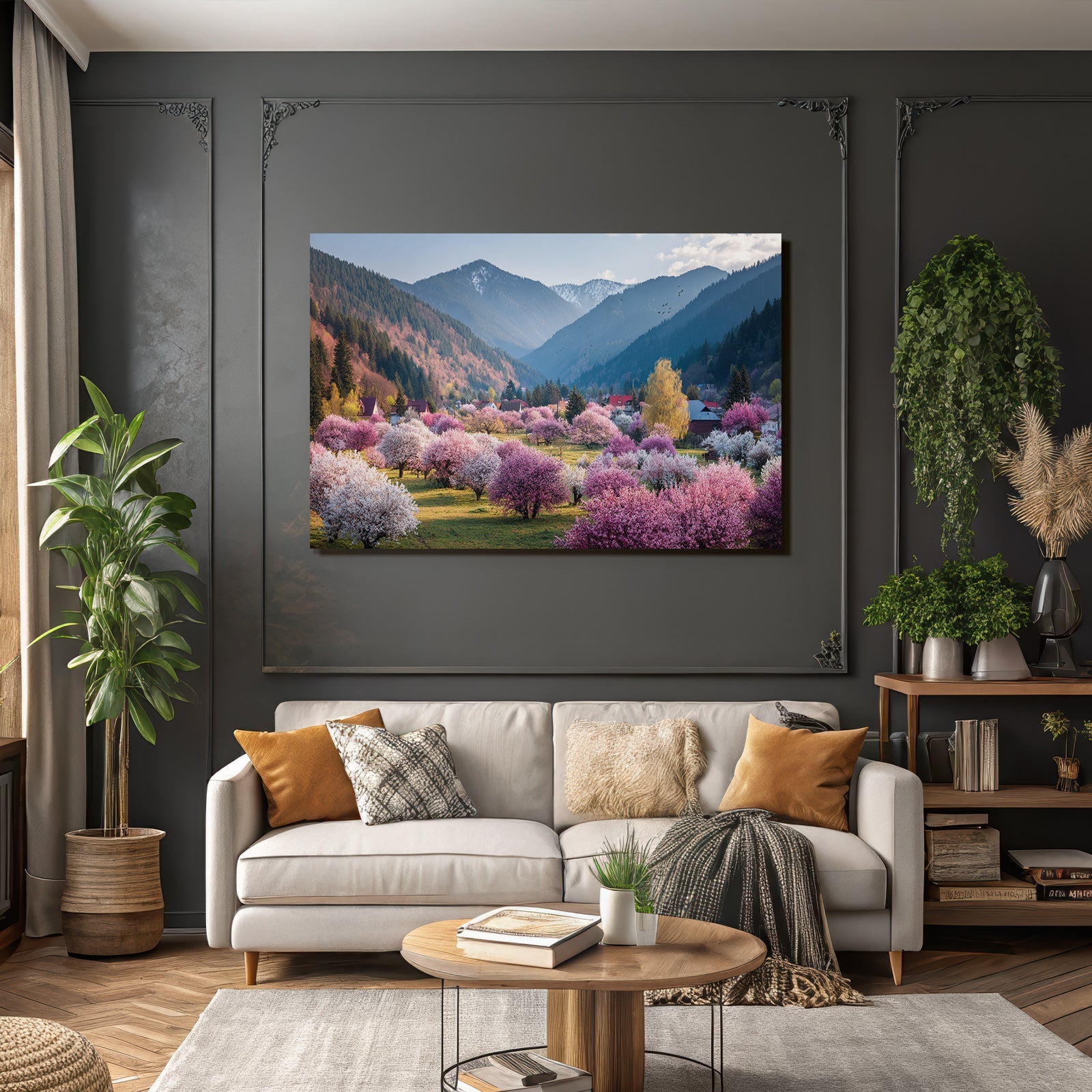 Blühendes Tal Mit Bäumen Und Bergen Im Hintergrund