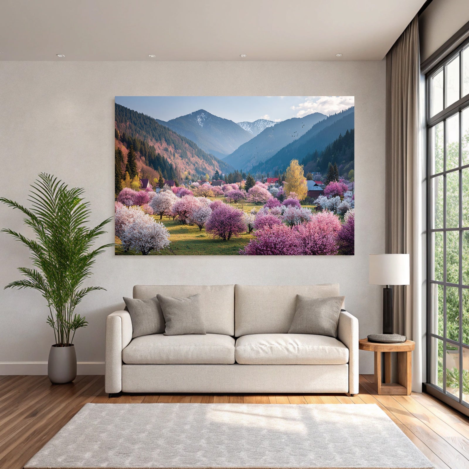 Blühendes Tal Mit Bäumen Und Bergen Im Hintergrund