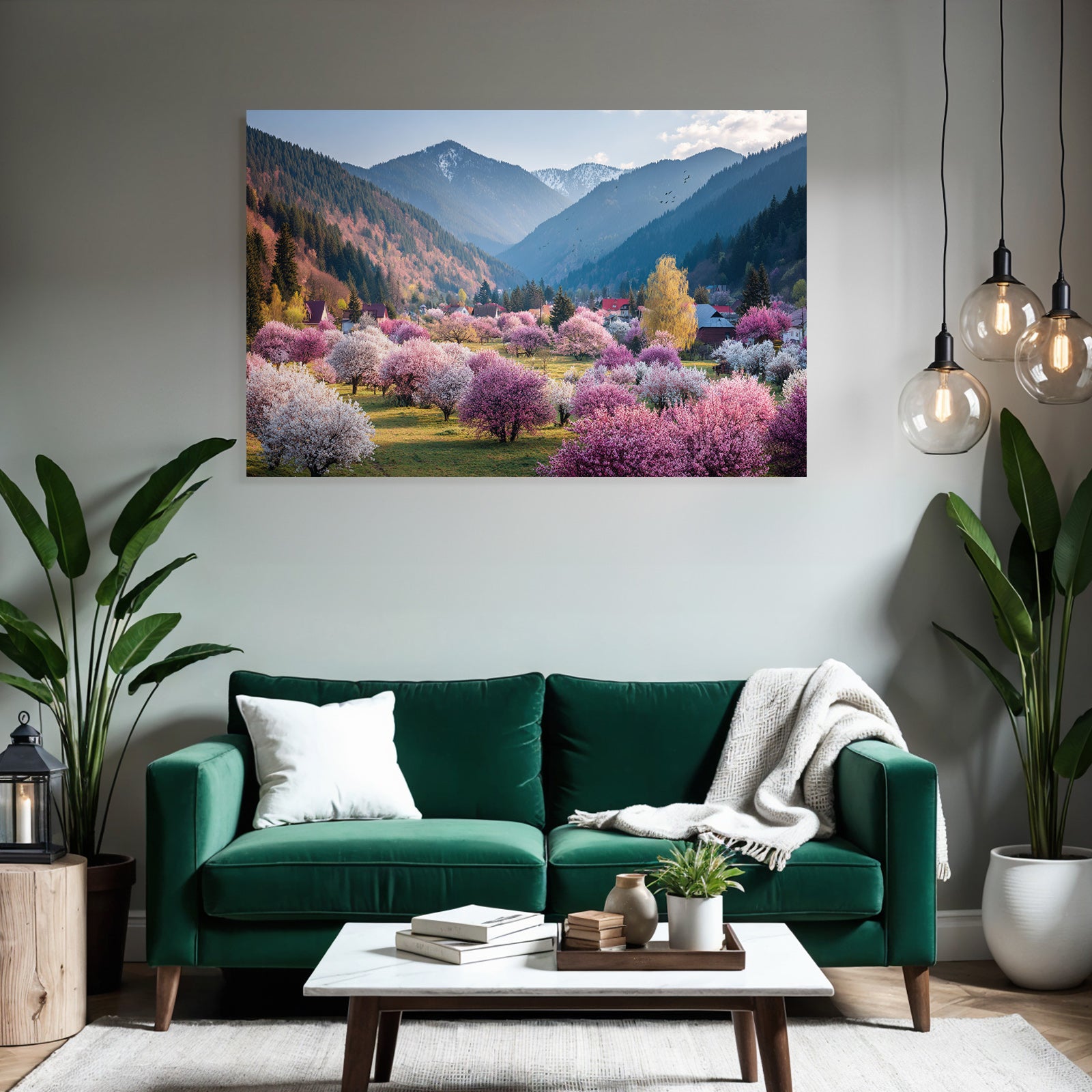Blühendes Tal Mit Bäumen Und Bergen Im Hintergrund
