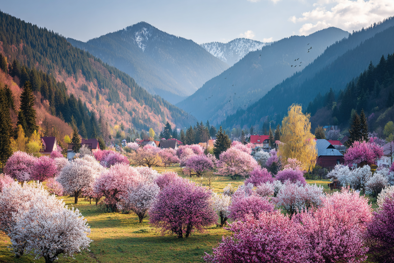 Blühendes Tal Mit Bäumen Und Bergen Im Hintergrund | Fruehling | Jahreszeiten