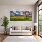 Bluhende Kirschbaume Mit Gelben Blumen Im Fruhling Mountains Hintergrund
