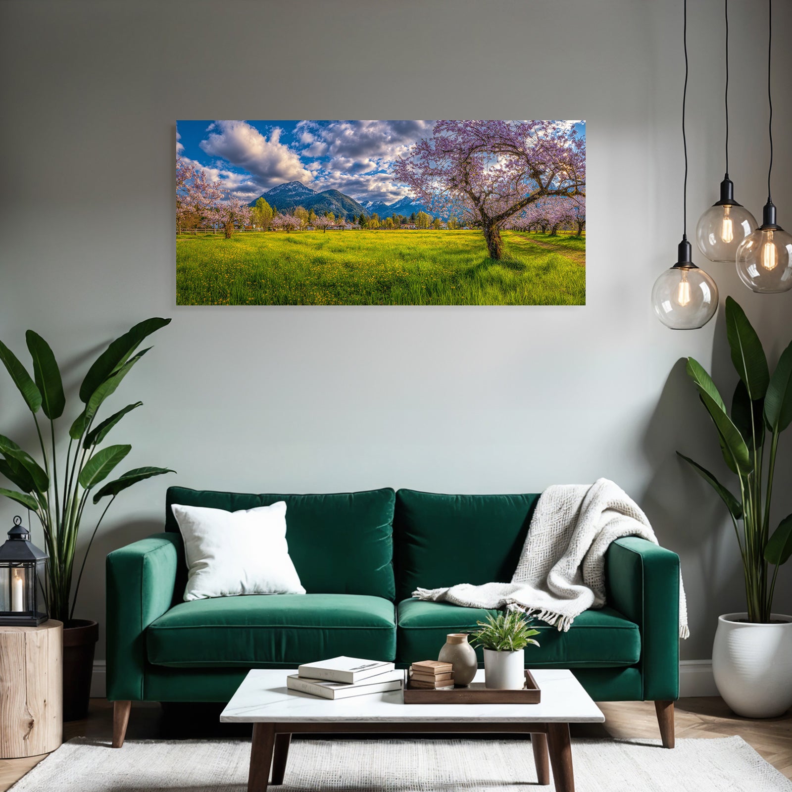 Bluhende Kirschbaume Mit Gelben Blumen Im Fruhling Mountains Hintergrund