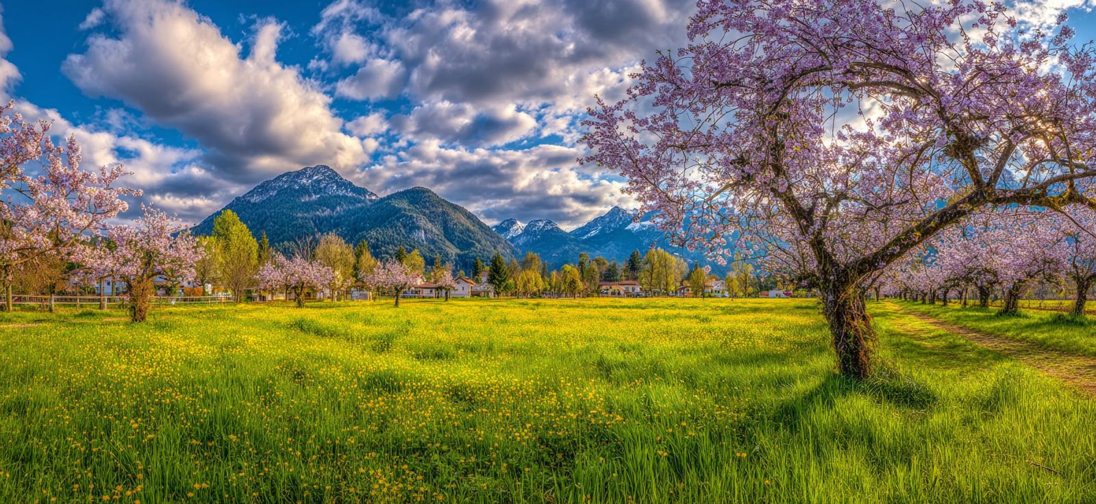 Bluhende Kirschbaume Mit Gelben Blumen Im Fruhling Mountains Hintergrund | Fruehling | Jahreszeiten
