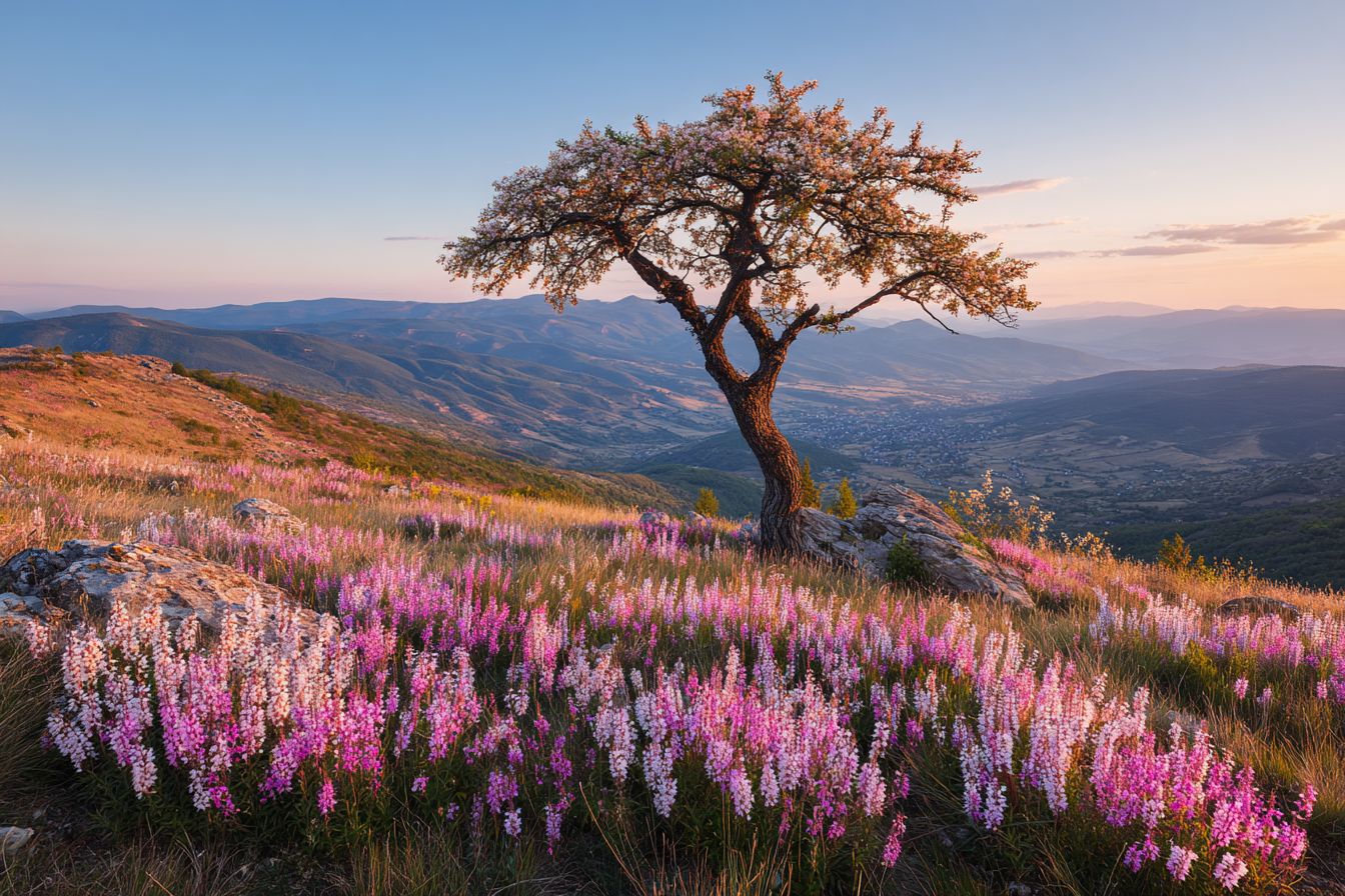 Einsame Tree Blumen Hügel Zauberhafte Sky Zauberhafte Natur Ruhe | Fruehling | Jahreszeiten