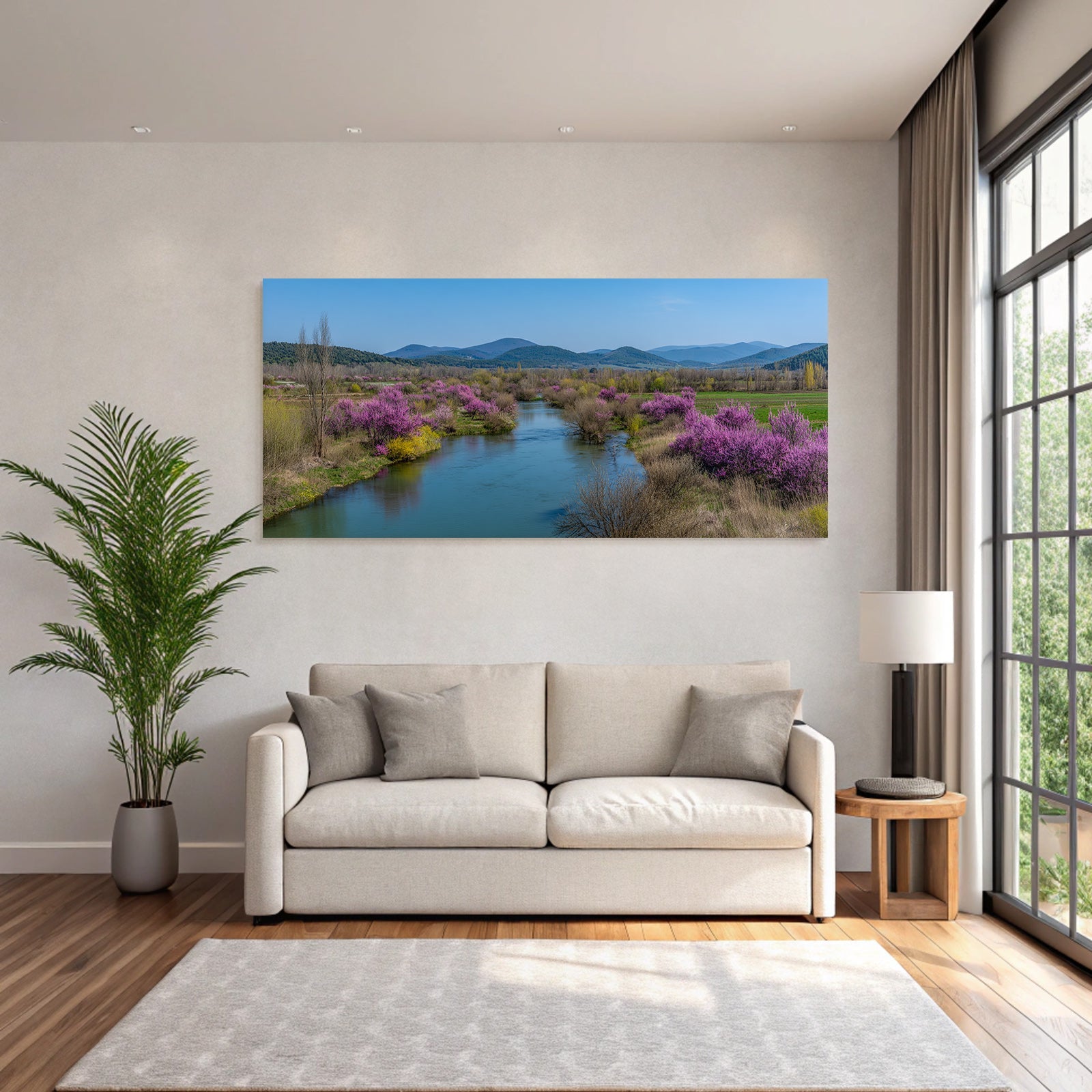 Flusslandschaft Lila Baumblütene Grünen Hügel Klarehimmeledag