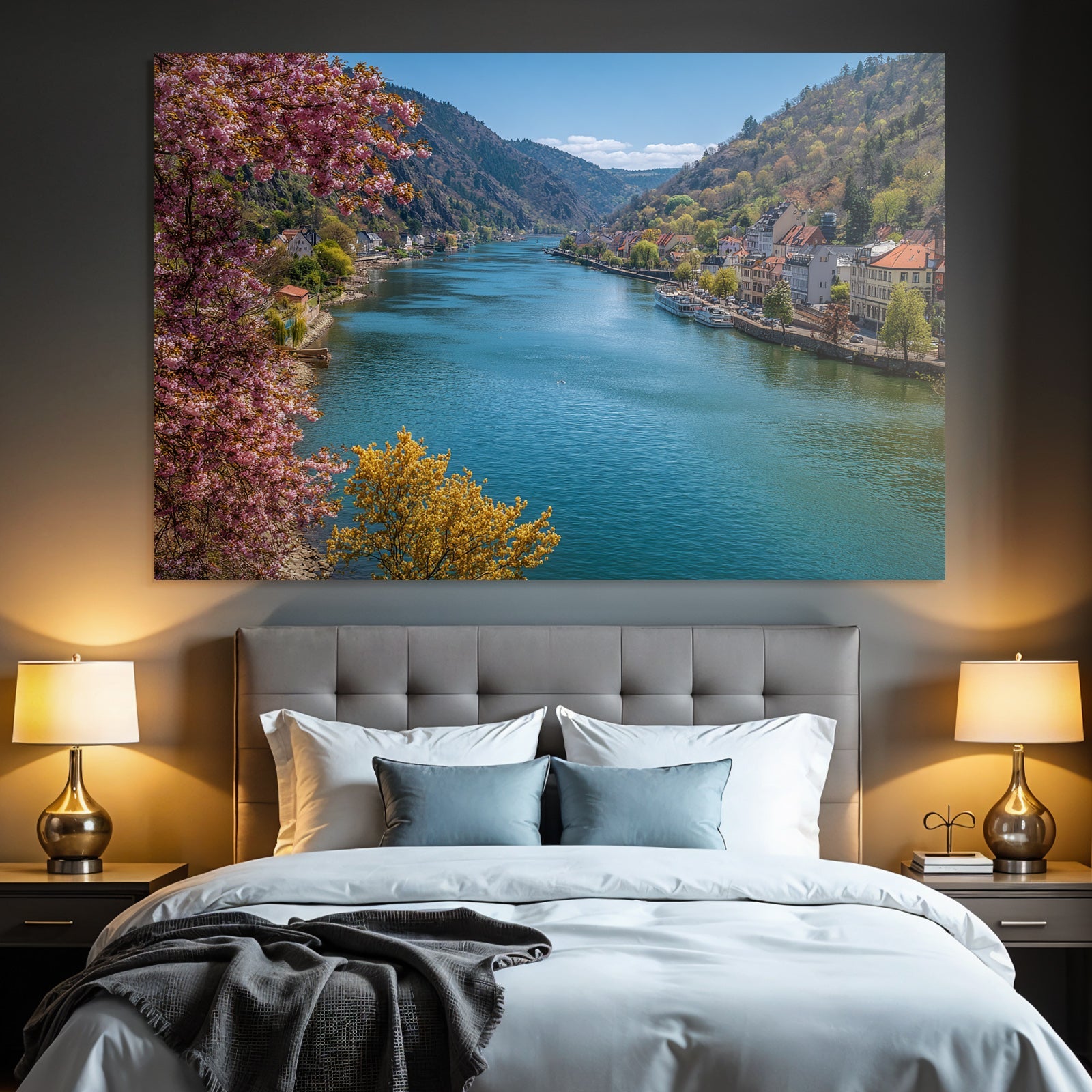 Flusslandschaft Mit Blühenden Bäumen Häusern Und Booten