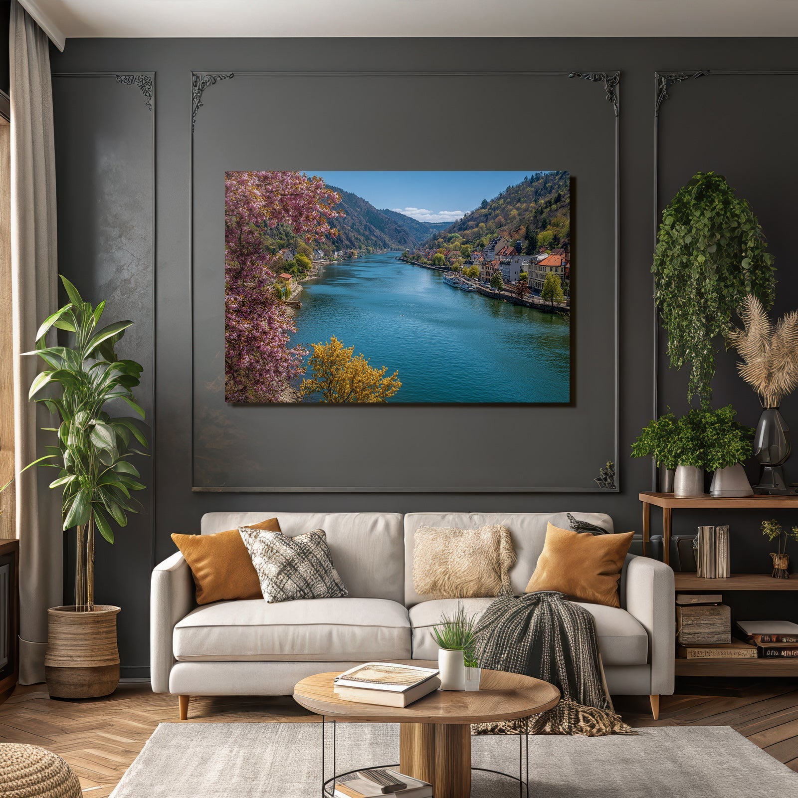 Flusslandschaft Mit Blühenden Bäumen Häusern Und Booten