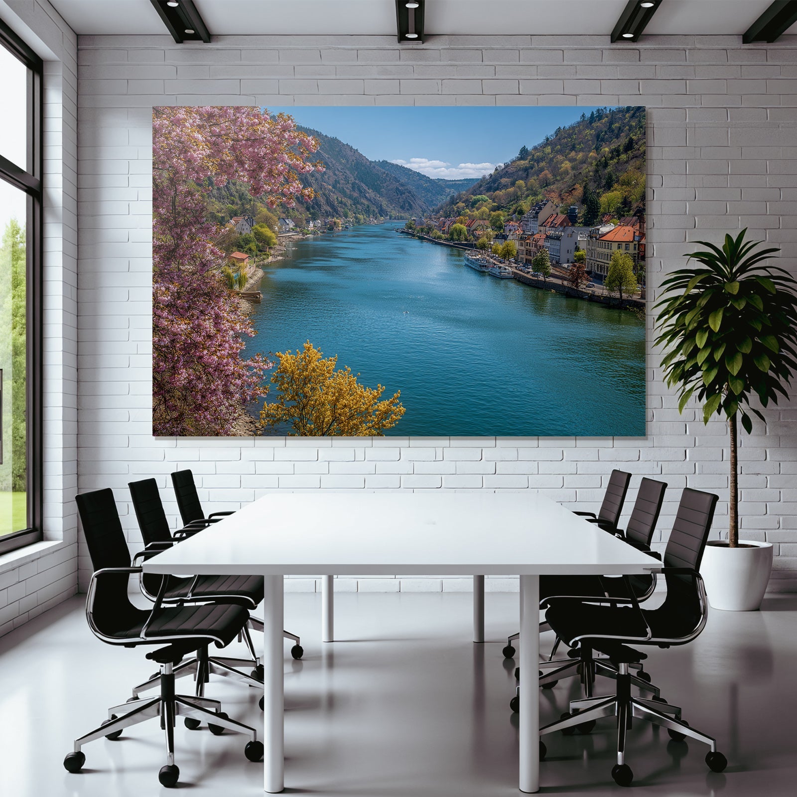 Flusslandschaft Mit Blühenden Bäumen Häusern Und Booten