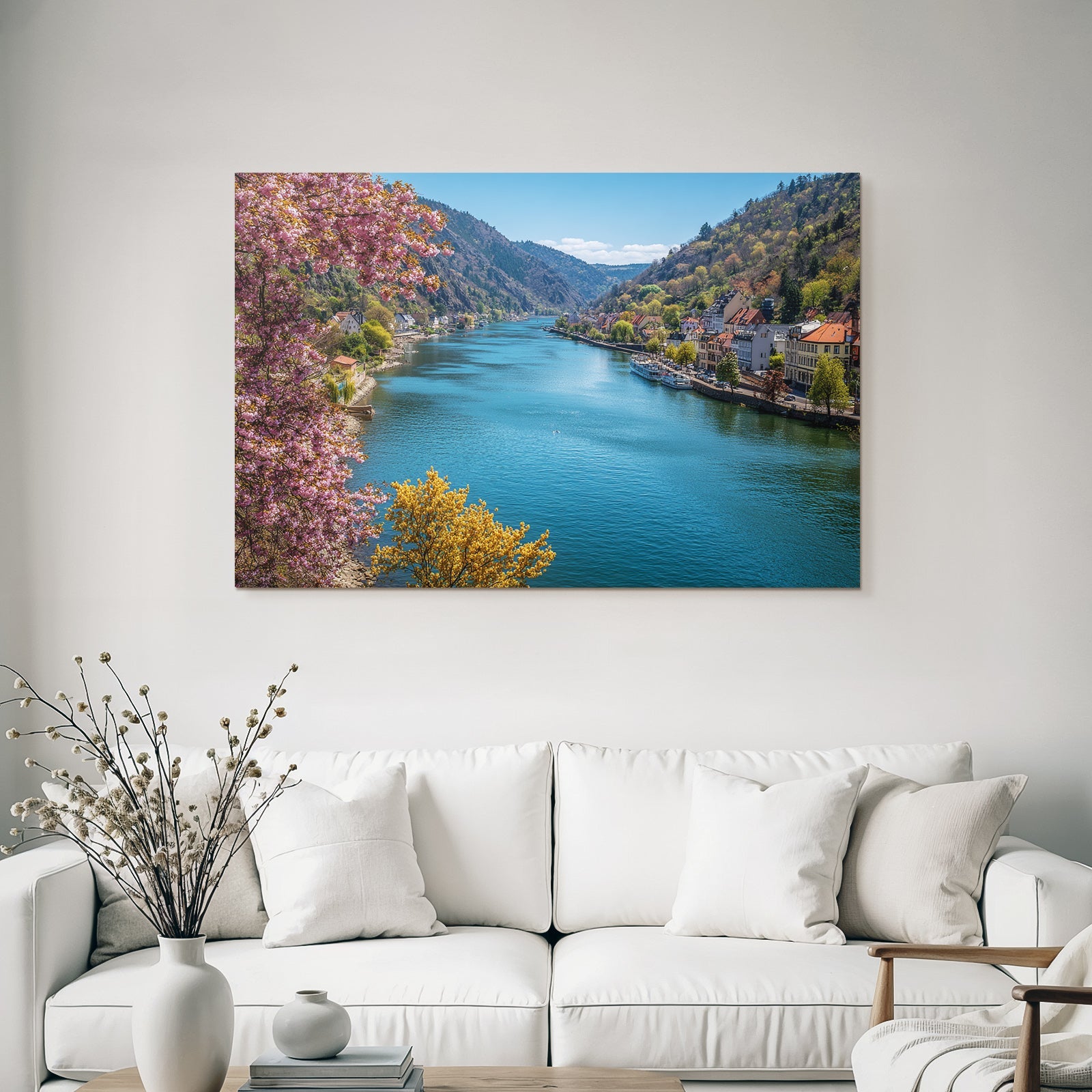 Flusslandschaft Mit Blühenden Bäumen Häusern Und Booten
