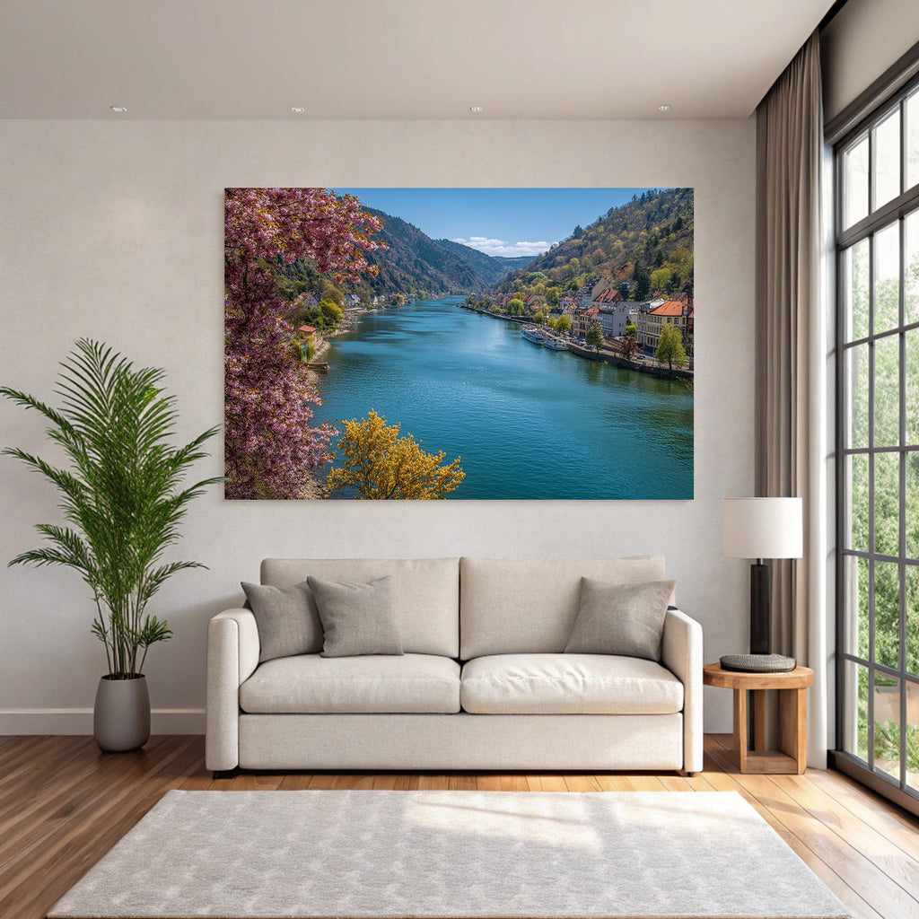 Flusslandschaft Mit Blühenden Bäumen Häusern Und Booten