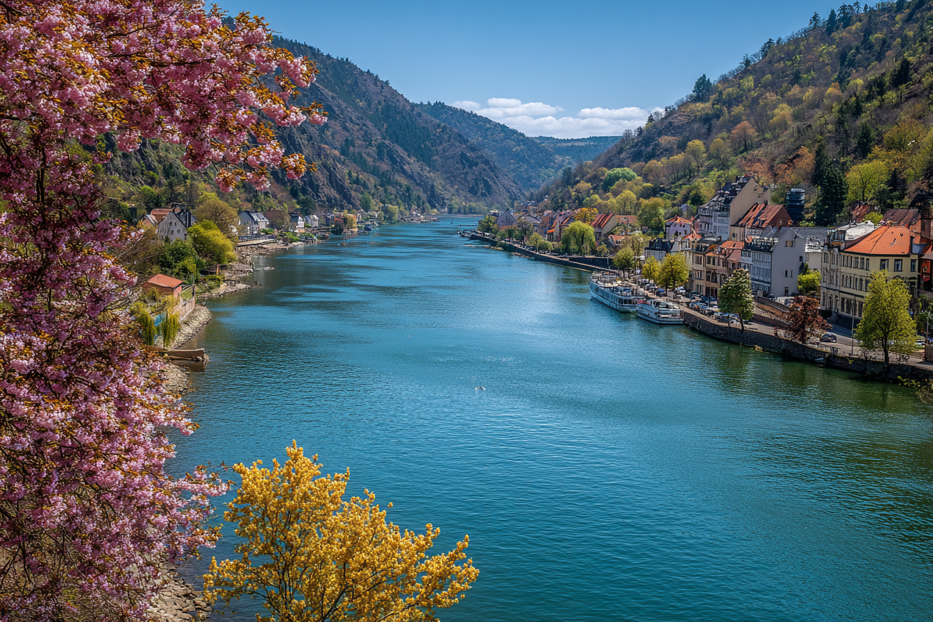 Flusslandschaft Mit Blühenden Bäumen Häusern Und Booten | Fruehling | Jahreszeiten