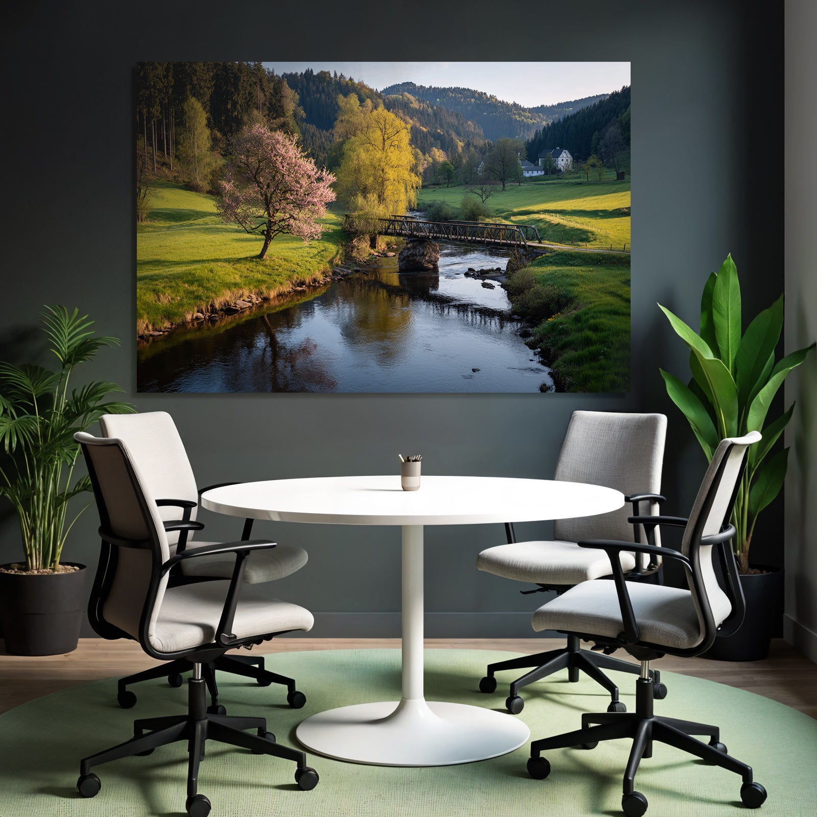 Friedliche Landschaft Mit Fluss Und Brücke Blühende Bäume Hügel