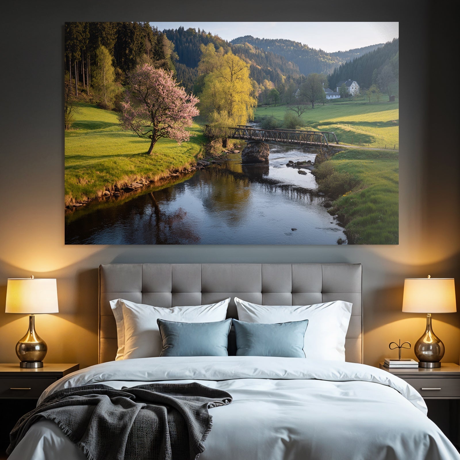 Friedliche Landschaft Mit Fluss Und Brücke Blühende Bäume Hügel