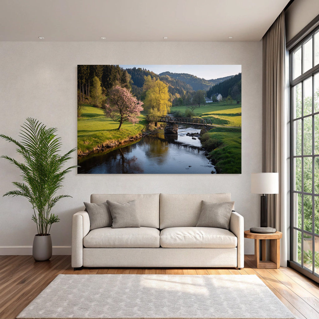 Friedliche Landschaft Mit Fluss Und Brücke Blühende Bäume Hügel