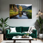 Friedliche Landschaft Mit Fluss Und Brücke Blühende Bäume Hügel