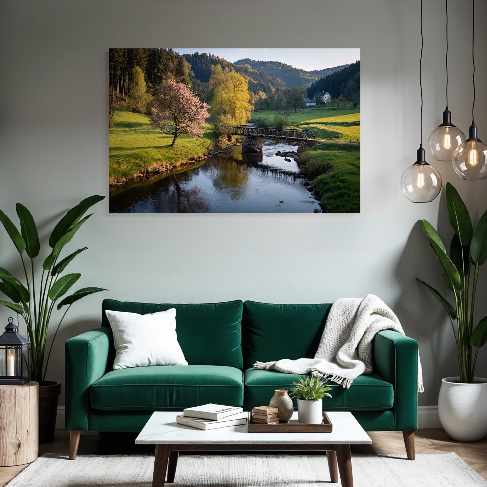 Friedliche Landschaft Mit Fluss Und Brücke Blühende Bäume Hügel