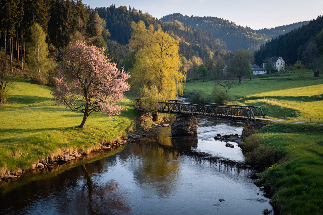 Friedliche Landschaft Mit Fluss Und Brücke Blühende Bäume Hügel | Fruehling | Jahreszeiten