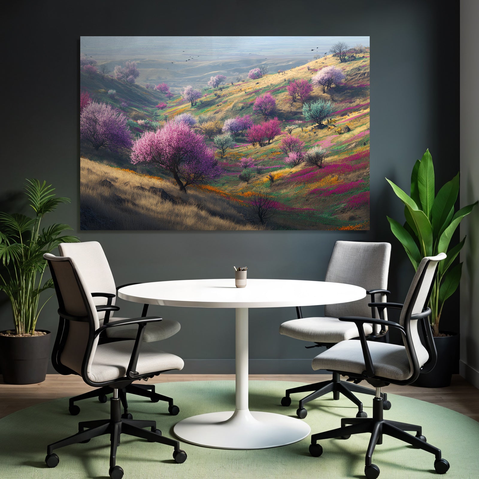 Frühlingslandschaft Mit Blühenden Bäumen Und Farbigen Blumen