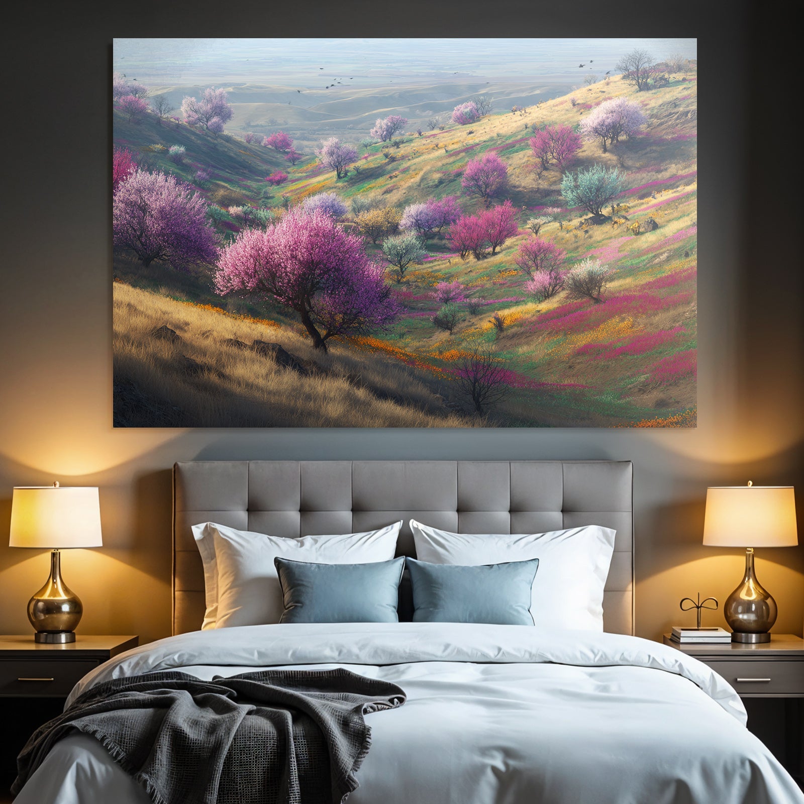 Frühlingslandschaft Mit Blühenden Bäumen Und Farbigen Blumen