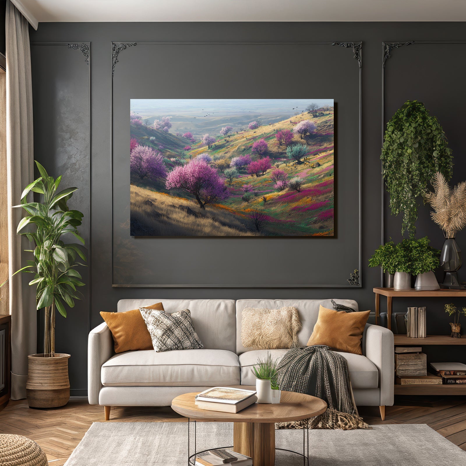Frühlingslandschaft Mit Blühenden Bäumen Und Farbigen Blumen