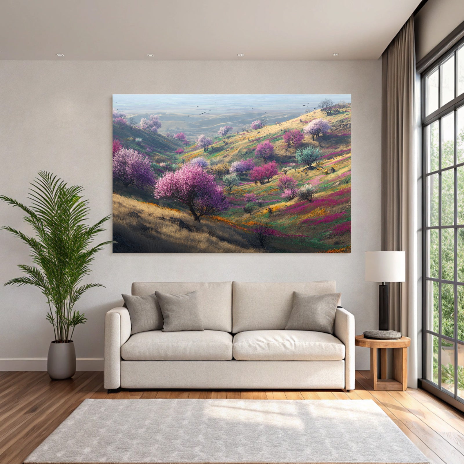 Frühlingslandschaft Mit Blühenden Bäumen Und Farbigen Blumen