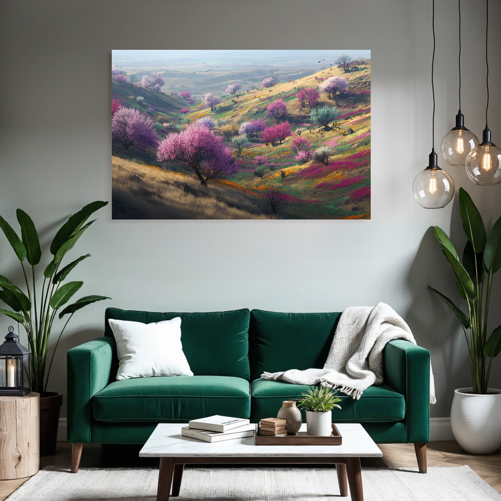 Frühlingslandschaft Mit Blühenden Bäumen Und Farbigen Blumen