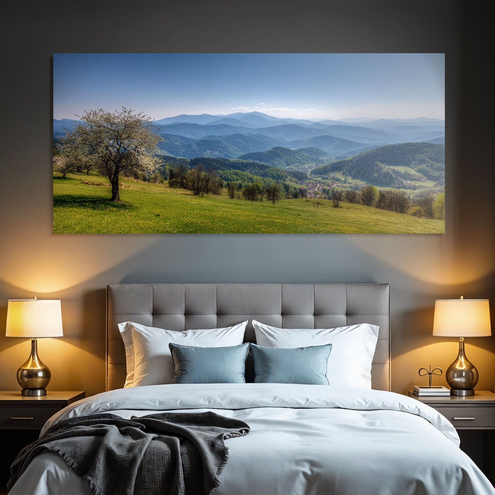 Idyllische Landschaft Mit Blühendem Baum Und Berge