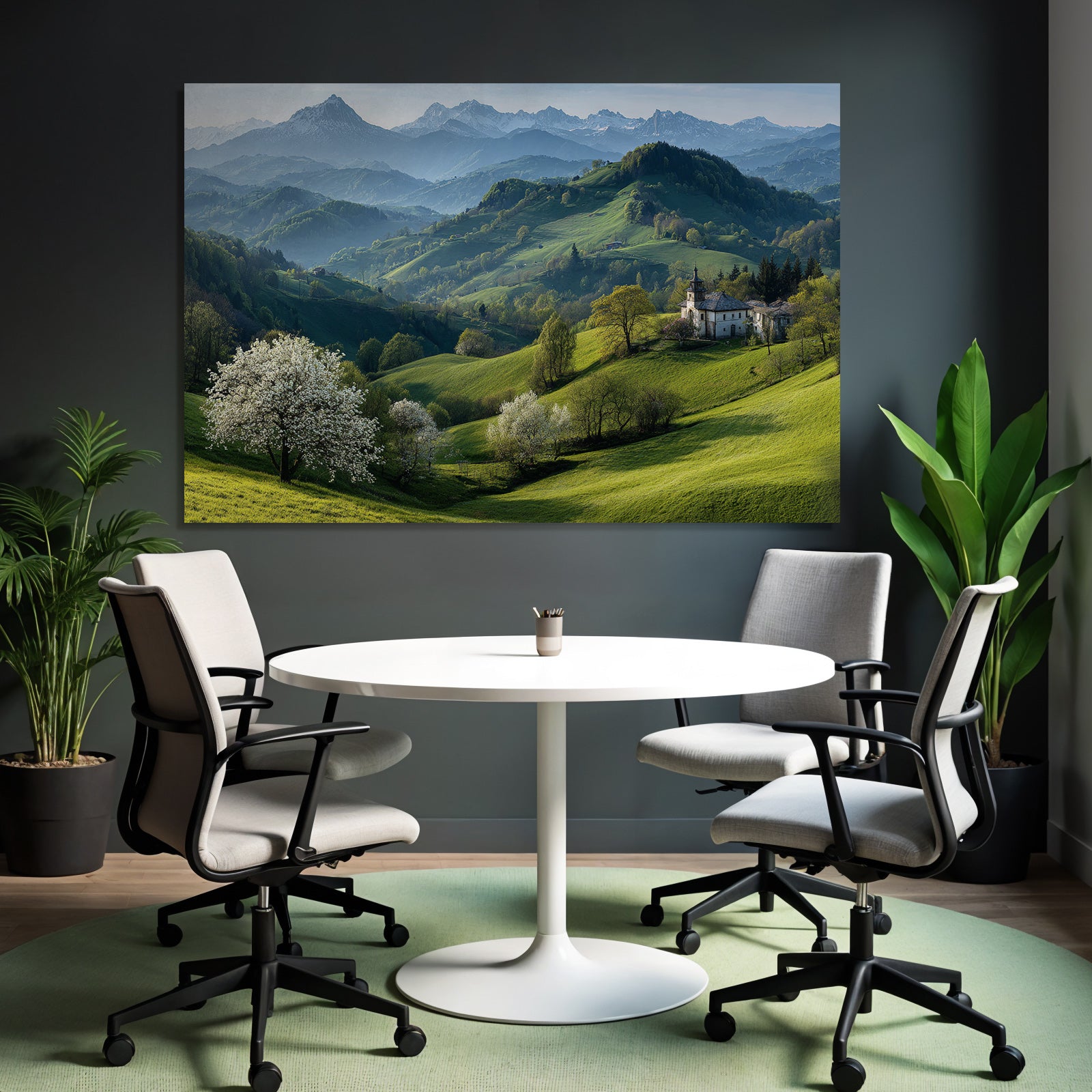 Idyllische Landschaft Mit Blühendem Baum Und Schneebedeckten Bergen