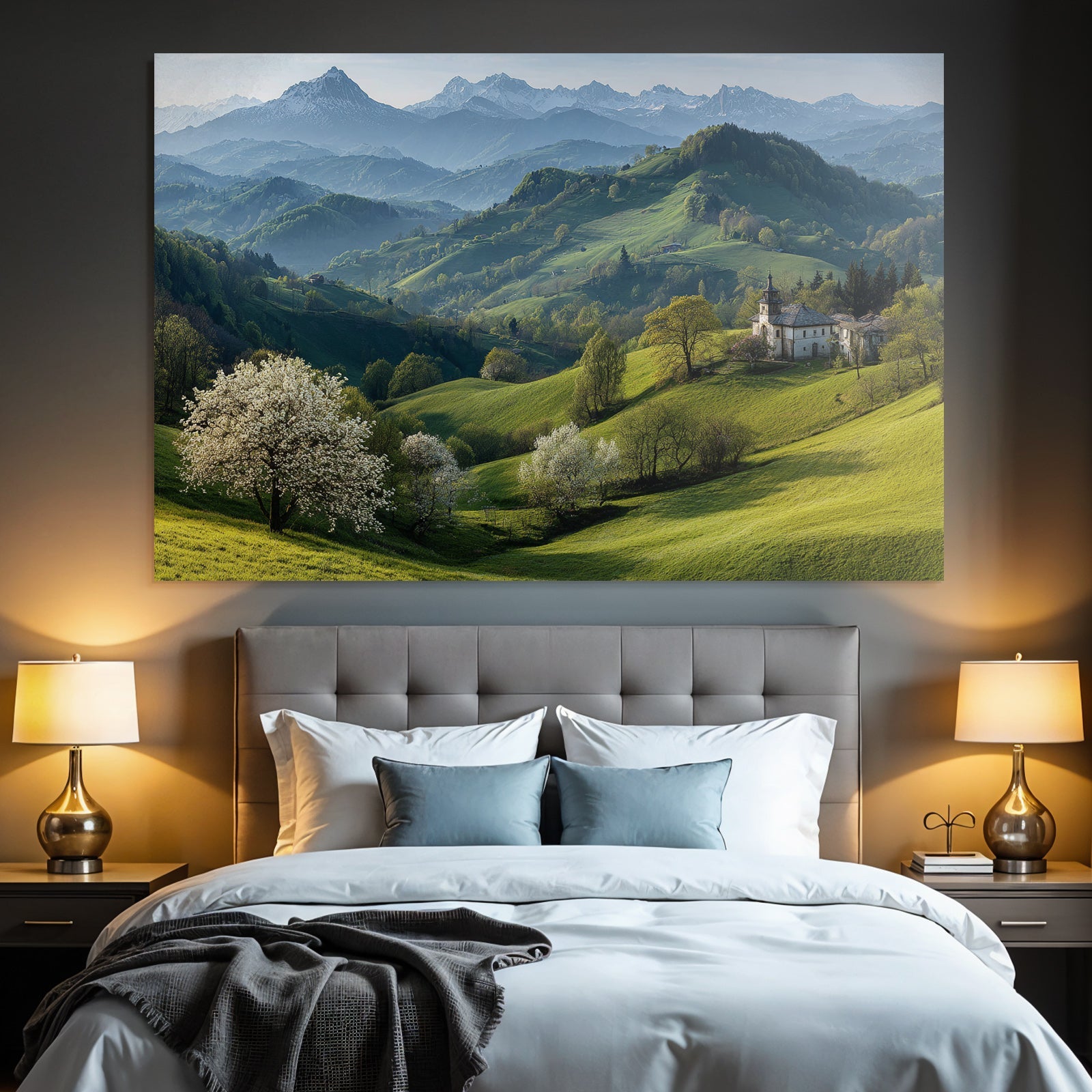 Idyllische Landschaft Mit Blühendem Baum Und Schneebedeckten Bergen