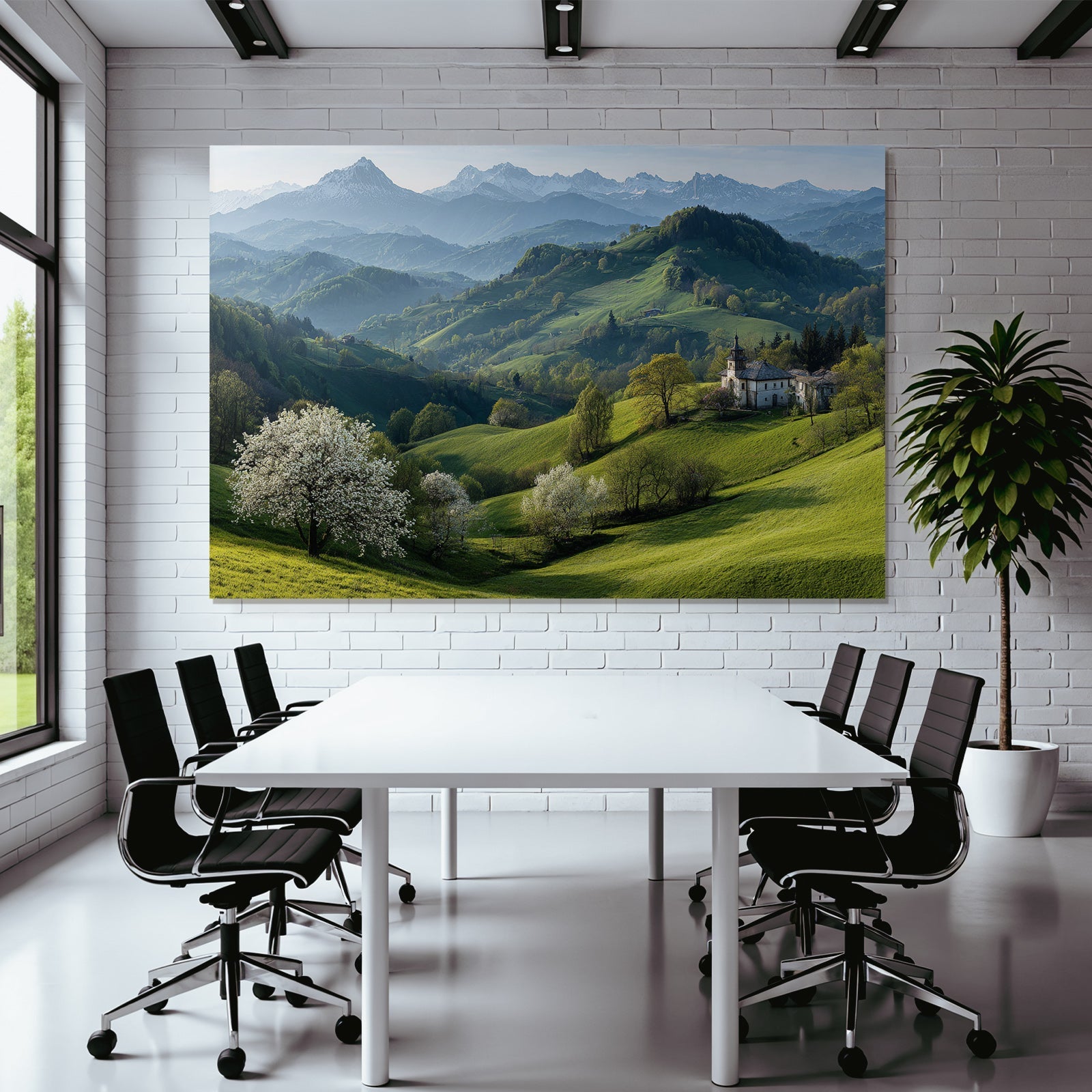 Idyllische Landschaft Mit Blühendem Baum Und Schneebedeckten Bergen
