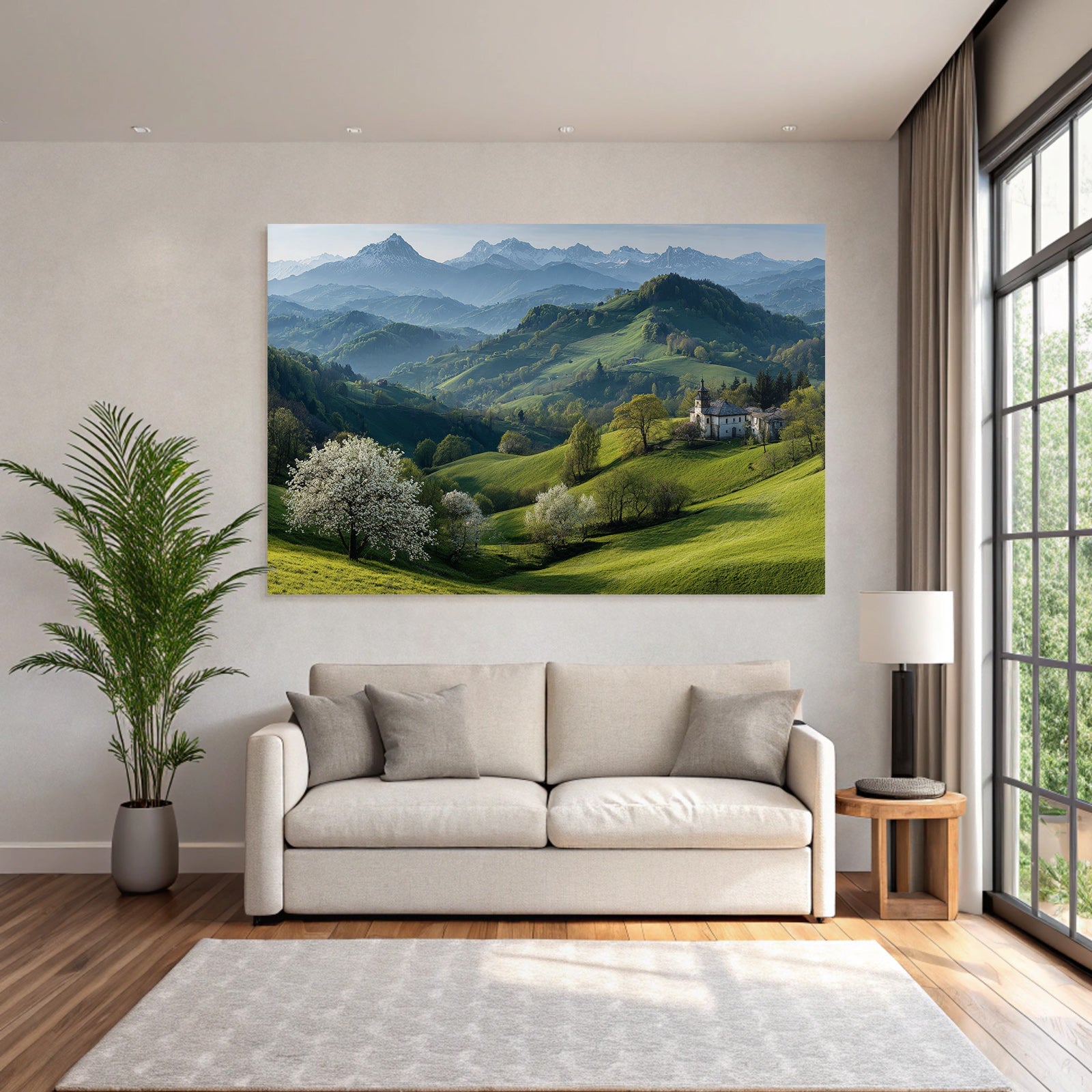 Idyllische Landschaft Mit Blühendem Baum Und Schneebedeckten Bergen