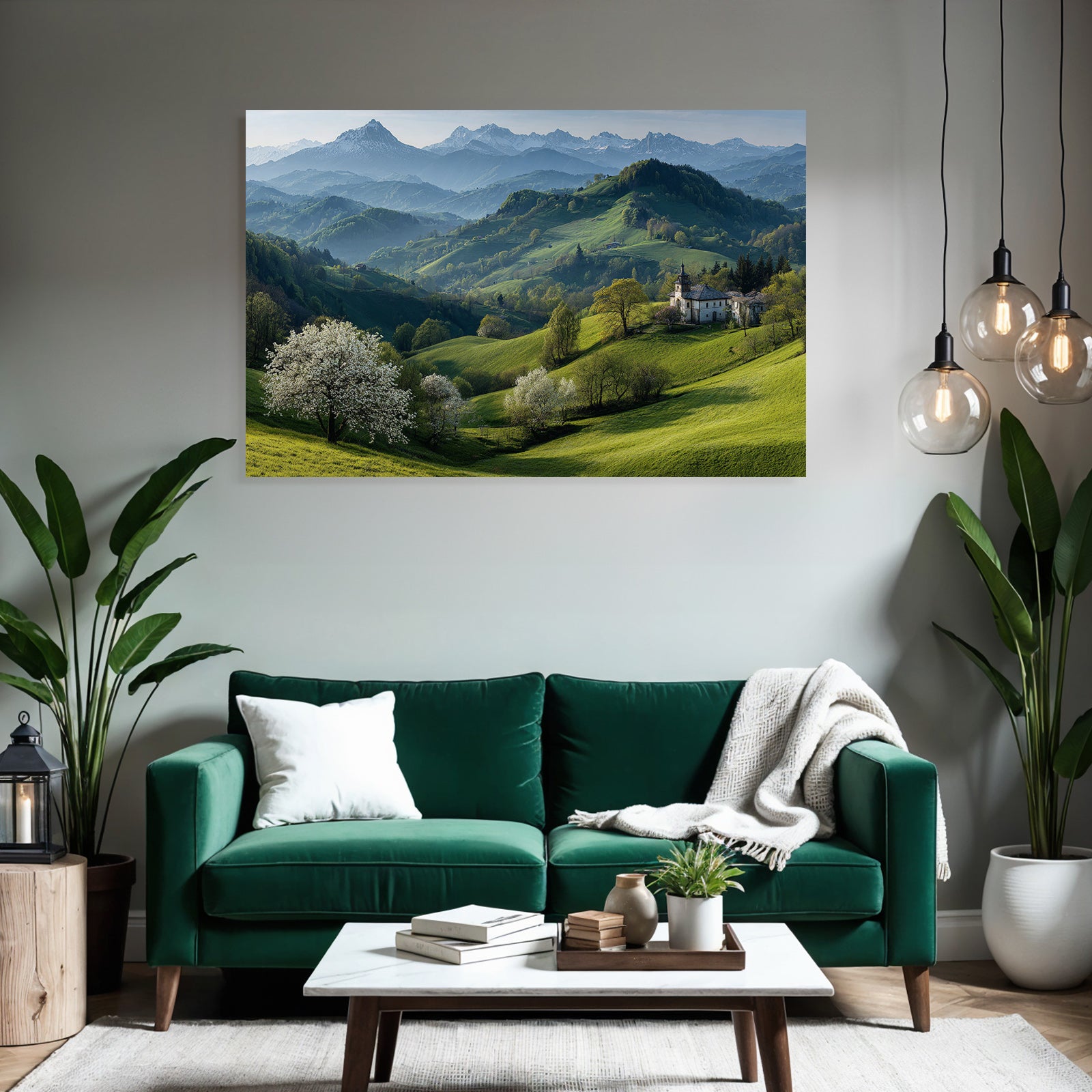 Idyllische Landschaft Mit Blühendem Baum Und Schneebedeckten Bergen