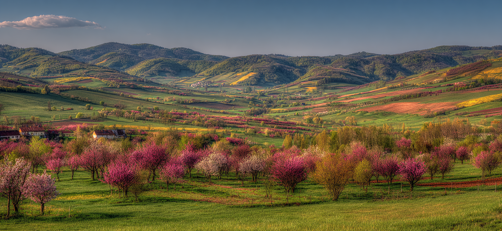 Idyllische Landschaft Mit Hügeln Bluhenden Bäumen Frühling | Fruehling | Jahreszeiten