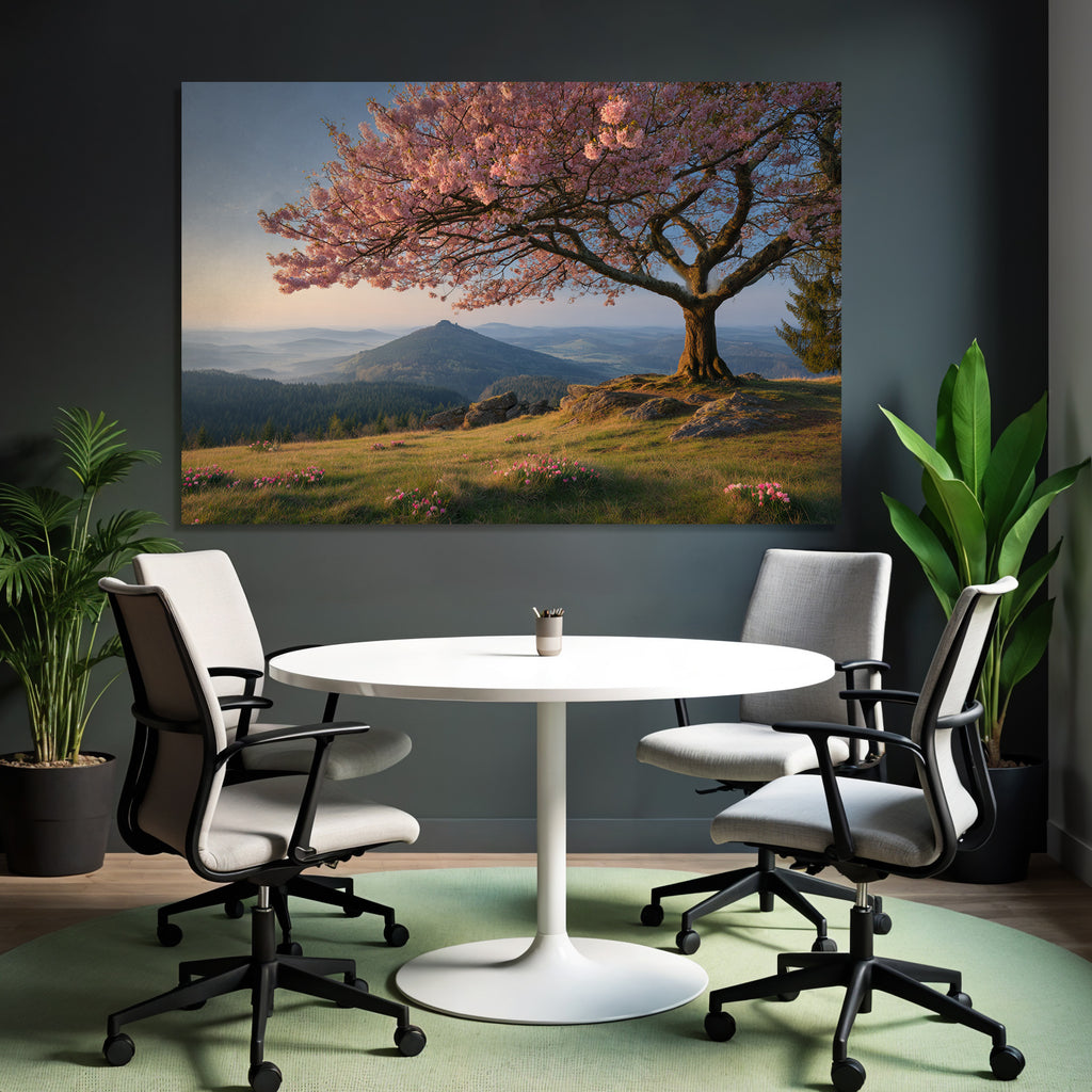 Cherry blossom tree in mountain landscape in the morning or evening
