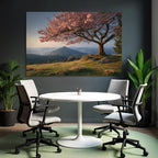 Cherry blossom tree in mountain landscape in the morning or evening