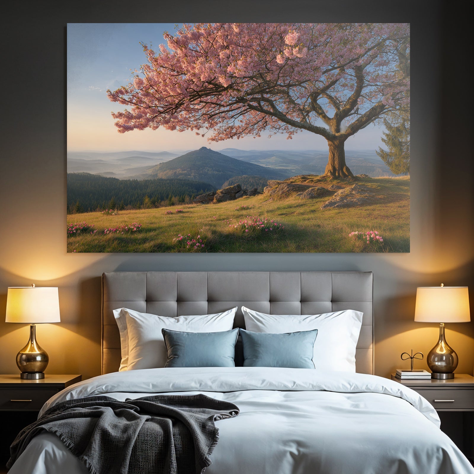 Kirschblütenbaum In Mountainlandschaft Morgens Oder Abends
