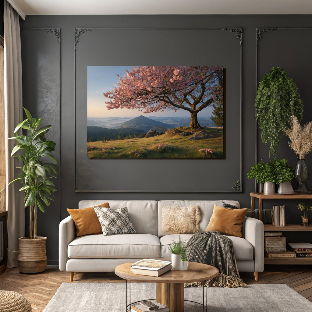 Cherry blossom tree in mountain landscape in the morning or evening
