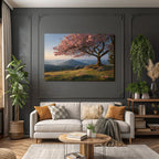 Cherry blossom tree in mountain landscape in the morning or evening