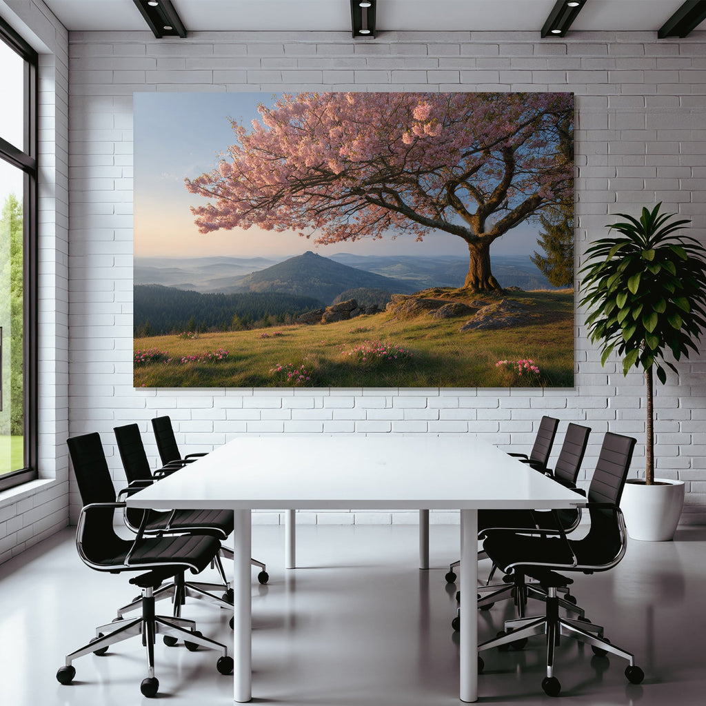 Cherry blossom tree in mountain landscape in the morning or evening