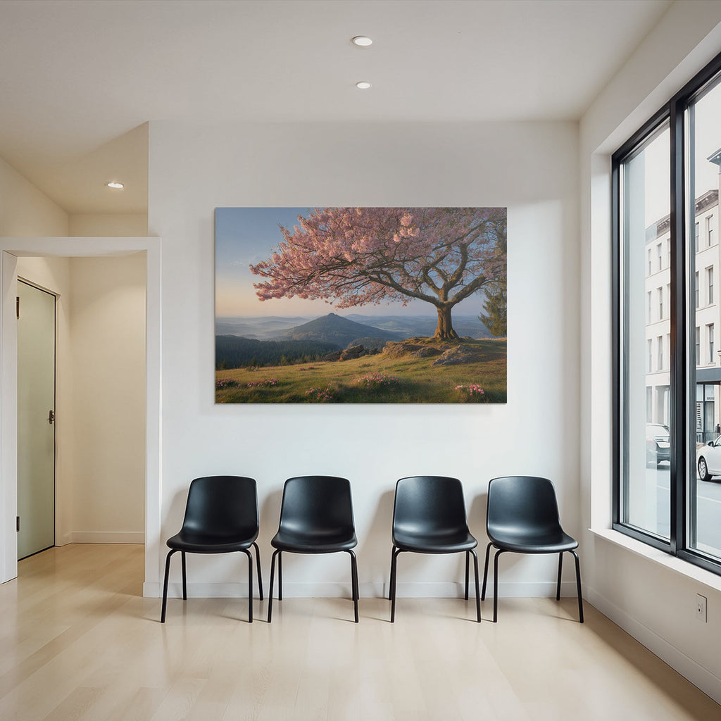 Cherry blossom tree in mountain landscape in the morning or evening