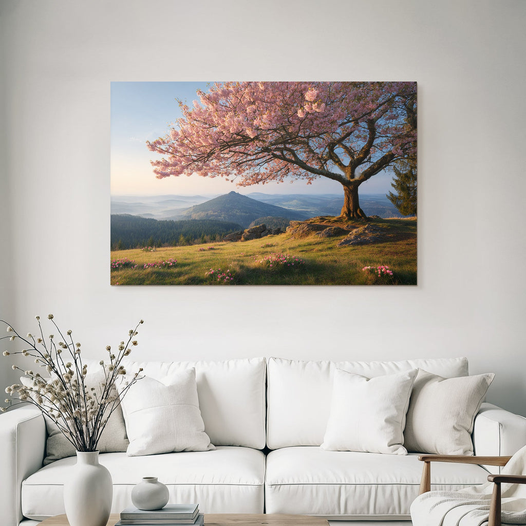 Cherry blossom tree in mountain landscape in the morning or evening