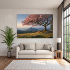 Cherry blossom tree in mountain landscape in the morning or evening