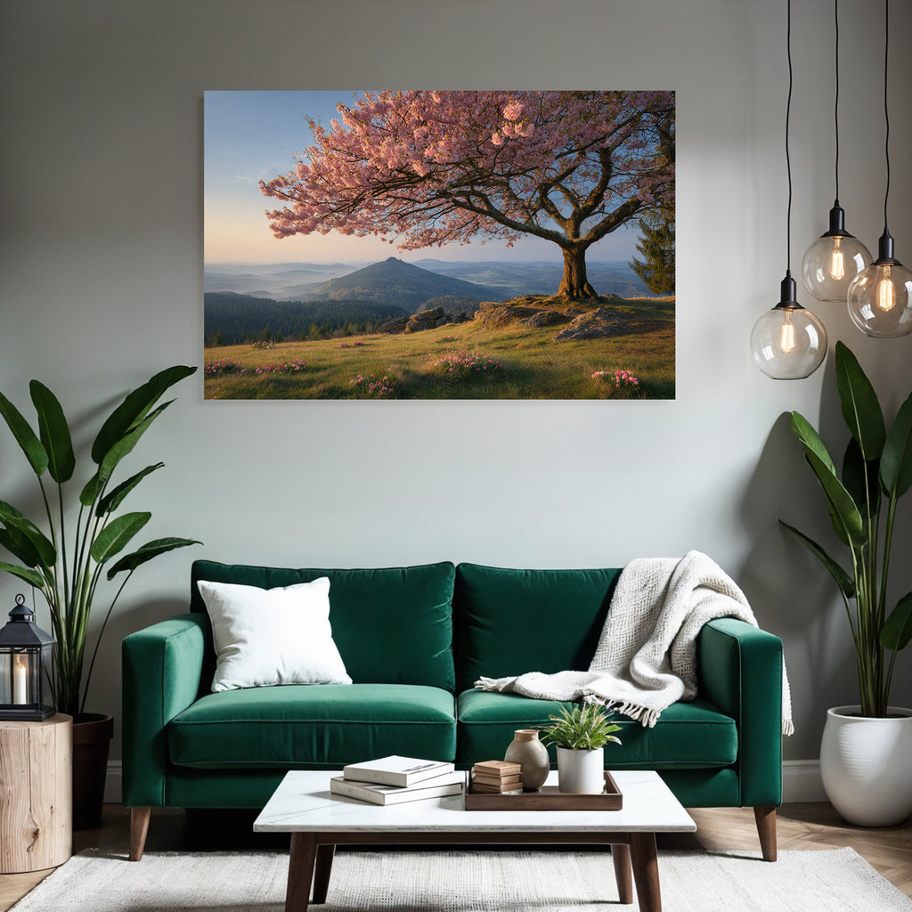 Cherry blossom tree in mountain landscape in the morning or evening