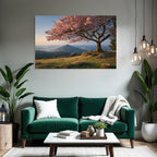 Cherry blossom tree in mountain landscape in the morning or evening