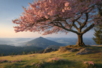 Kirschblütenbaum In Mountainlandschaft Morgens Oder Abends | Fruehling | Jahreszeiten