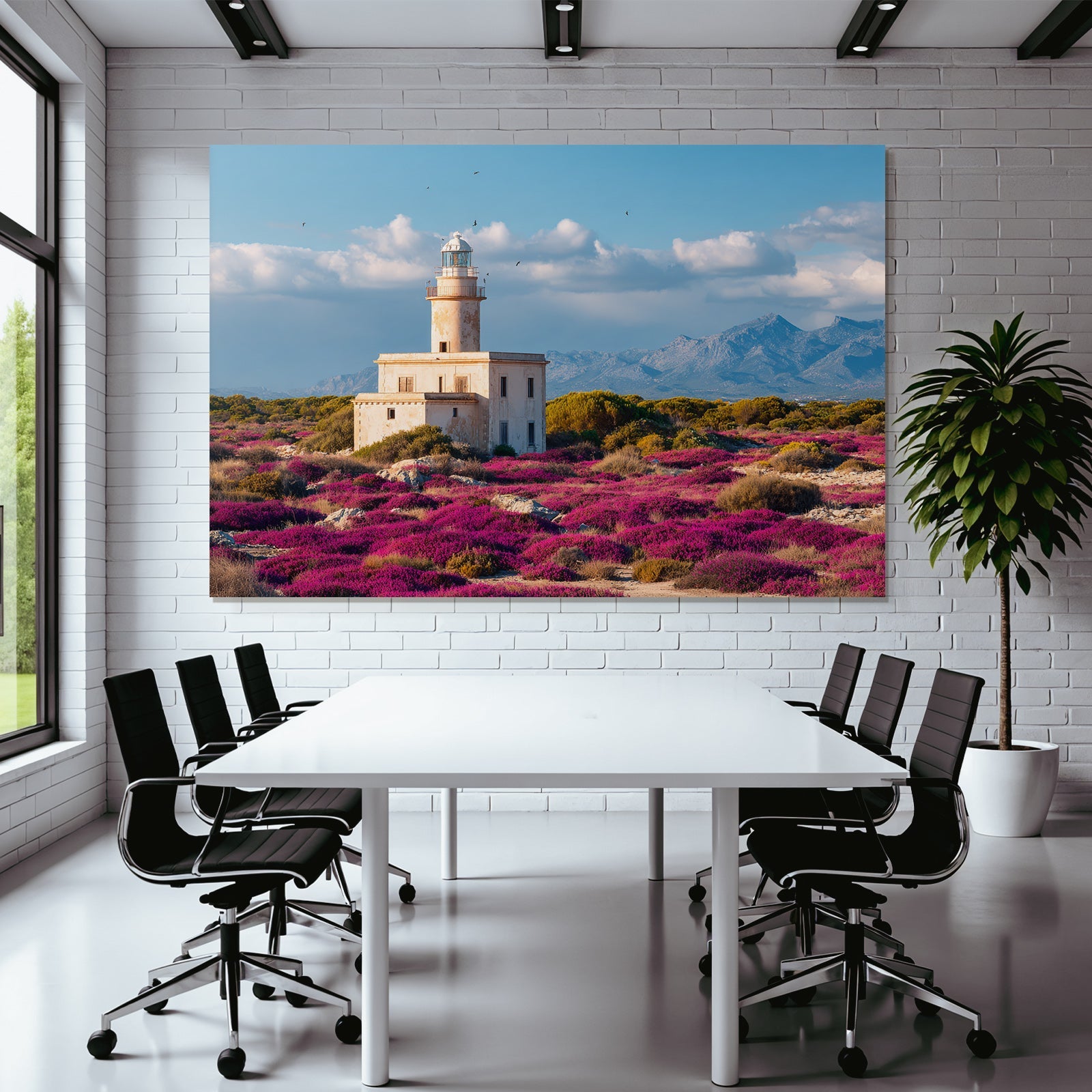 Leuchtturm Umgeben Von Lila Blumen Mit Bergen Im Hintergrund