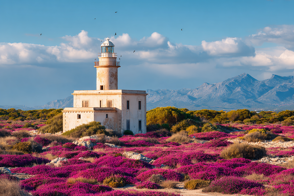 Leuchtturm Umgeben Von Lila Blumen Mit Bergen Im Hintergrund | Fruehling | Jahreszeiten